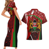 Kenya Christmas Couples Matching Short Sleeve Bodycon Dress and Hawaiian Shirt with Santa Claus Spear and Red Green Harambee Crest - Wonder Print Shop