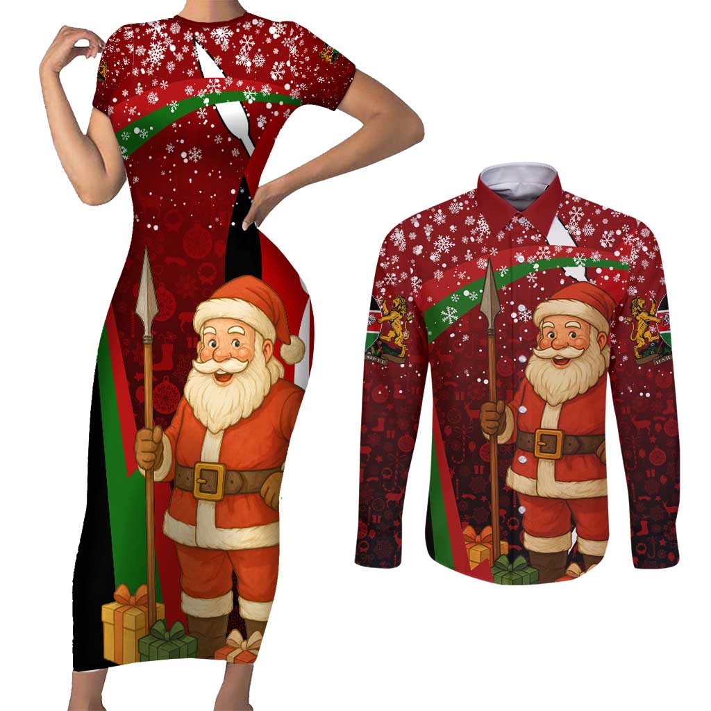 Kenya Christmas Couples Matching Short Sleeve Bodycon Dress and Long Sleeve Button Shirt with Santa Claus Spear and Red Green Harambee Crest - Wonder Print Shop