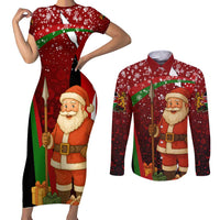 Kenya Christmas Couples Matching Short Sleeve Bodycon Dress and Long Sleeve Button Shirt with Santa Claus Spear and Red Green Harambee Crest - Wonder Print Shop