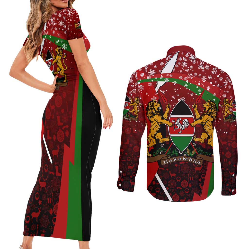 Kenya Christmas Couples Matching Short Sleeve Bodycon Dress and Long Sleeve Button Shirt with Santa Claus Spear and Red Green Harambee Crest - Wonder Print Shop