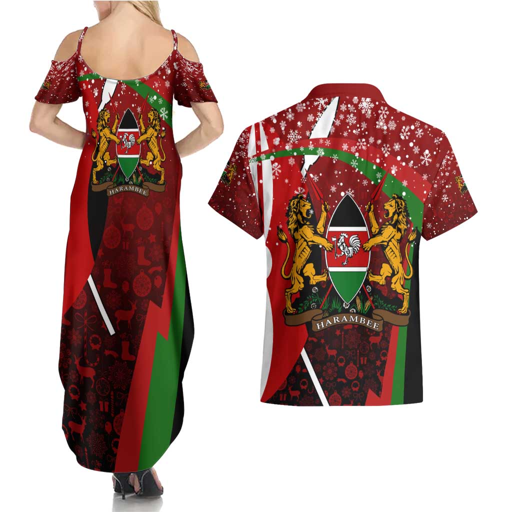 Kenya Christmas Couples Matching Summer Maxi Dress and Hawaiian Shirt with Santa Claus Spear and Red Green Harambee Crest - Wonder Print Shop