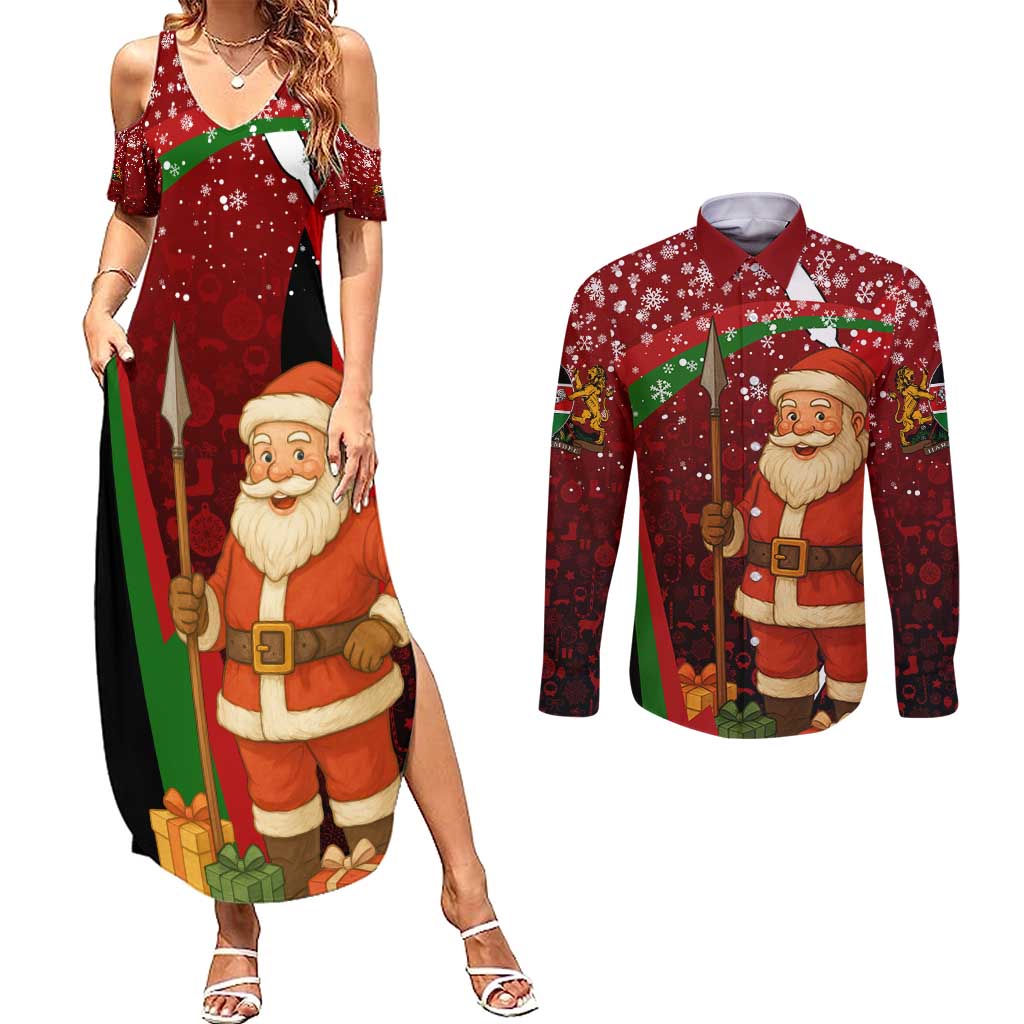 Kenya Christmas Couples Matching Summer Maxi Dress and Long Sleeve Button Shirt with Santa Claus Spear and Red Green Harambee Crest - Wonder Print Shop