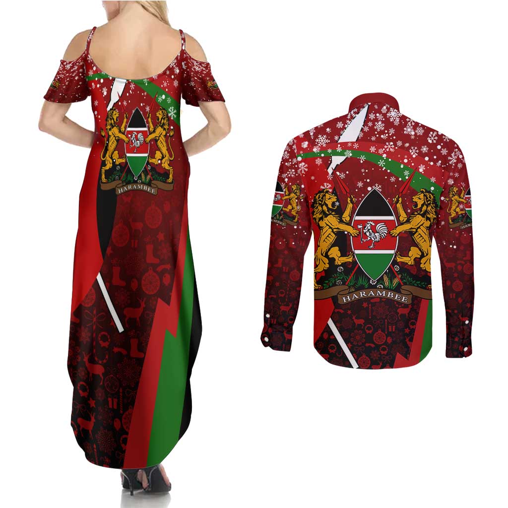 Kenya Christmas Couples Matching Summer Maxi Dress and Long Sleeve Button Shirt with Santa Claus Spear and Red Green Harambee Crest - Wonder Print Shop