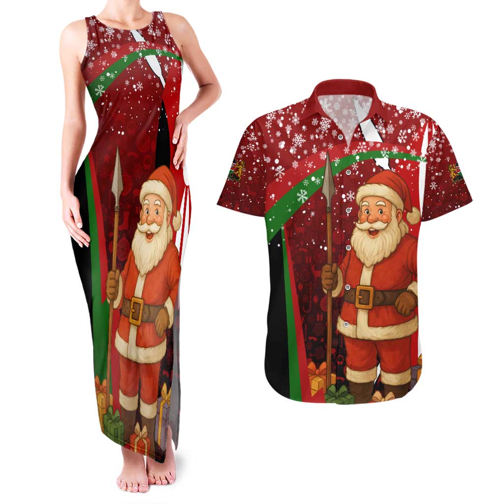 Kenya Christmas Couples Matching Tank Maxi Dress and Hawaiian Shirt with Santa Claus Spear and Red Green Harambee Crest - Wonder Print Shop