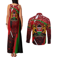 Kenya Christmas Couples Matching Tank Maxi Dress and Long Sleeve Button Shirt with Santa Claus Spear and Red Green Harambee Crest - Wonder Print Shop