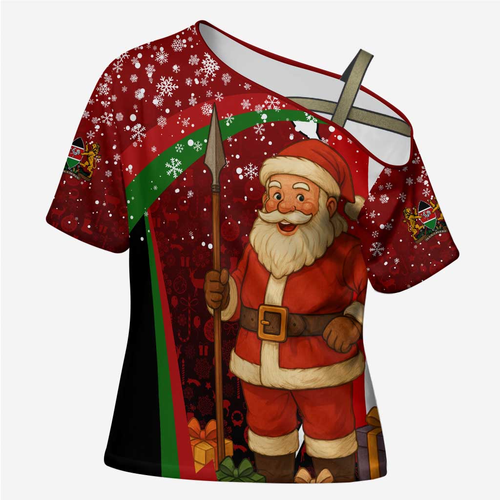 Kenya Christmas Cross Shoulder Shirt with Santa Claus Spear and Red Green Harambee Crest - Wonder Print Shop