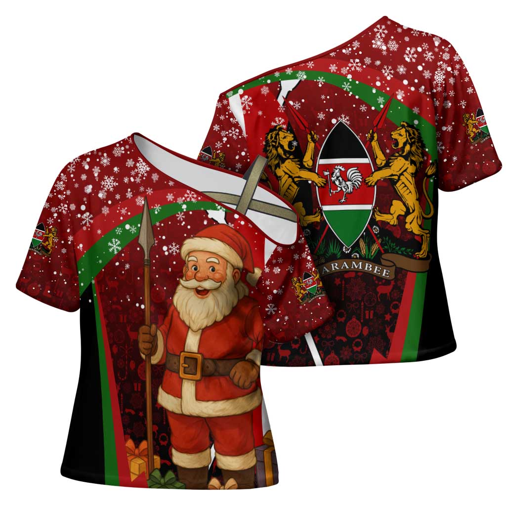 Kenya Christmas Cross Shoulder Shirt with Santa Claus Spear and Red Green Harambee Crest - Wonder Print Shop