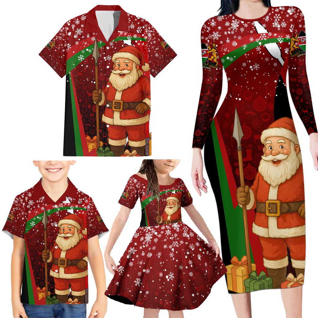 Kenya Christmas Family Matching Long Sleeve Bodycon Dress and Hawaiian Shirt with Santa Claus Spear and Red Green Harambee Crest - Wonder Print Shop