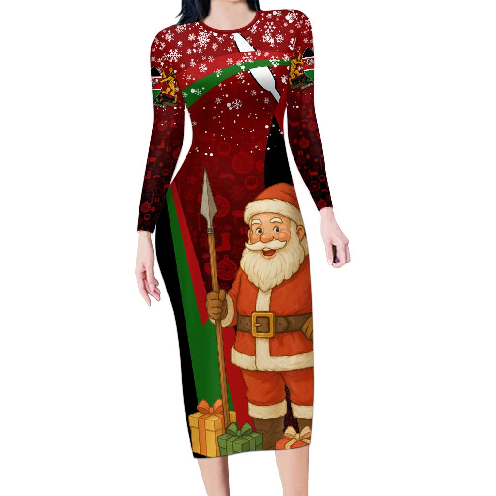 Kenya Christmas Family Matching Long Sleeve Bodycon Dress and Hawaiian Shirt with Santa Claus Spear and Red Green Harambee Crest - Wonder Print Shop