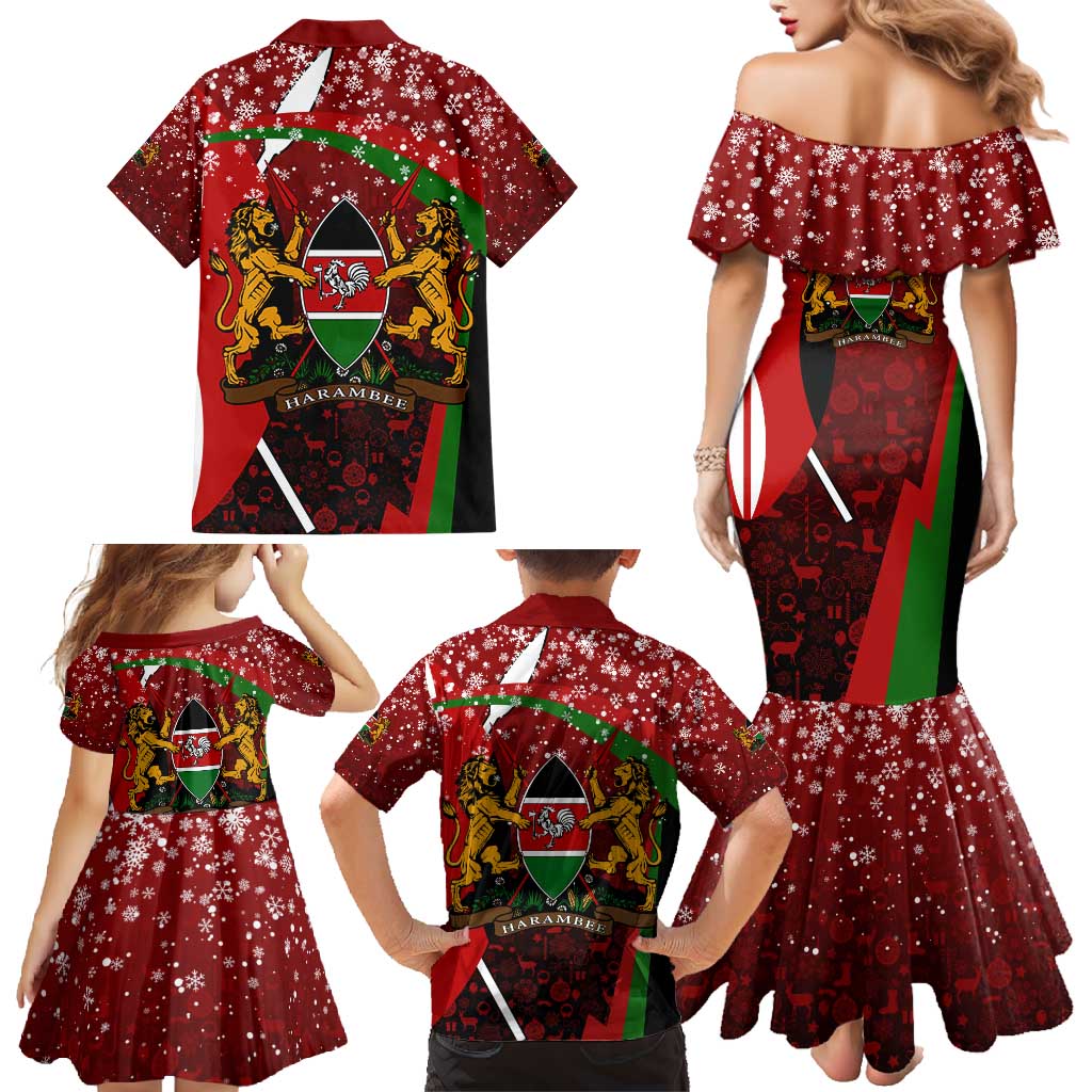 Kenya Christmas Family Matching Mermaid Dress and Hawaiian Shirt with Santa Claus Spear and Red Green Harambee Crest - Wonder Print Shop