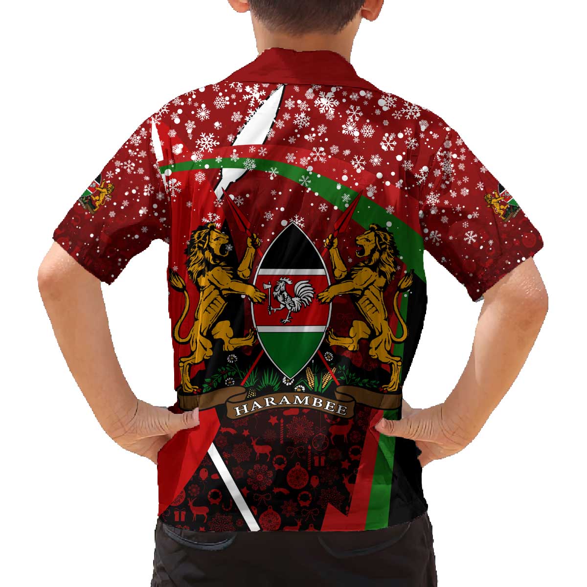 Kenya Christmas Family Matching Off The Shoulder Long Sleeve Dress and Hawaiian Shirt with Santa Claus Spear and Red Green Harambee Crest - Wonder Print Shop