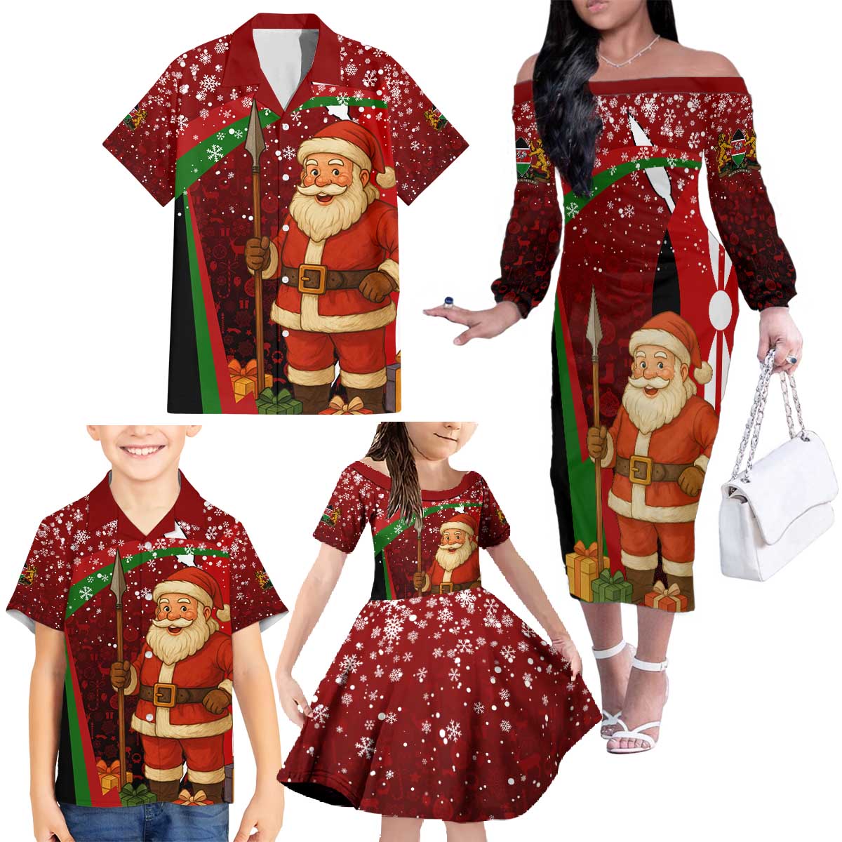 Kenya Christmas Family Matching Off The Shoulder Long Sleeve Dress and Hawaiian Shirt with Santa Claus Spear and Red Green Harambee Crest - Wonder Print Shop