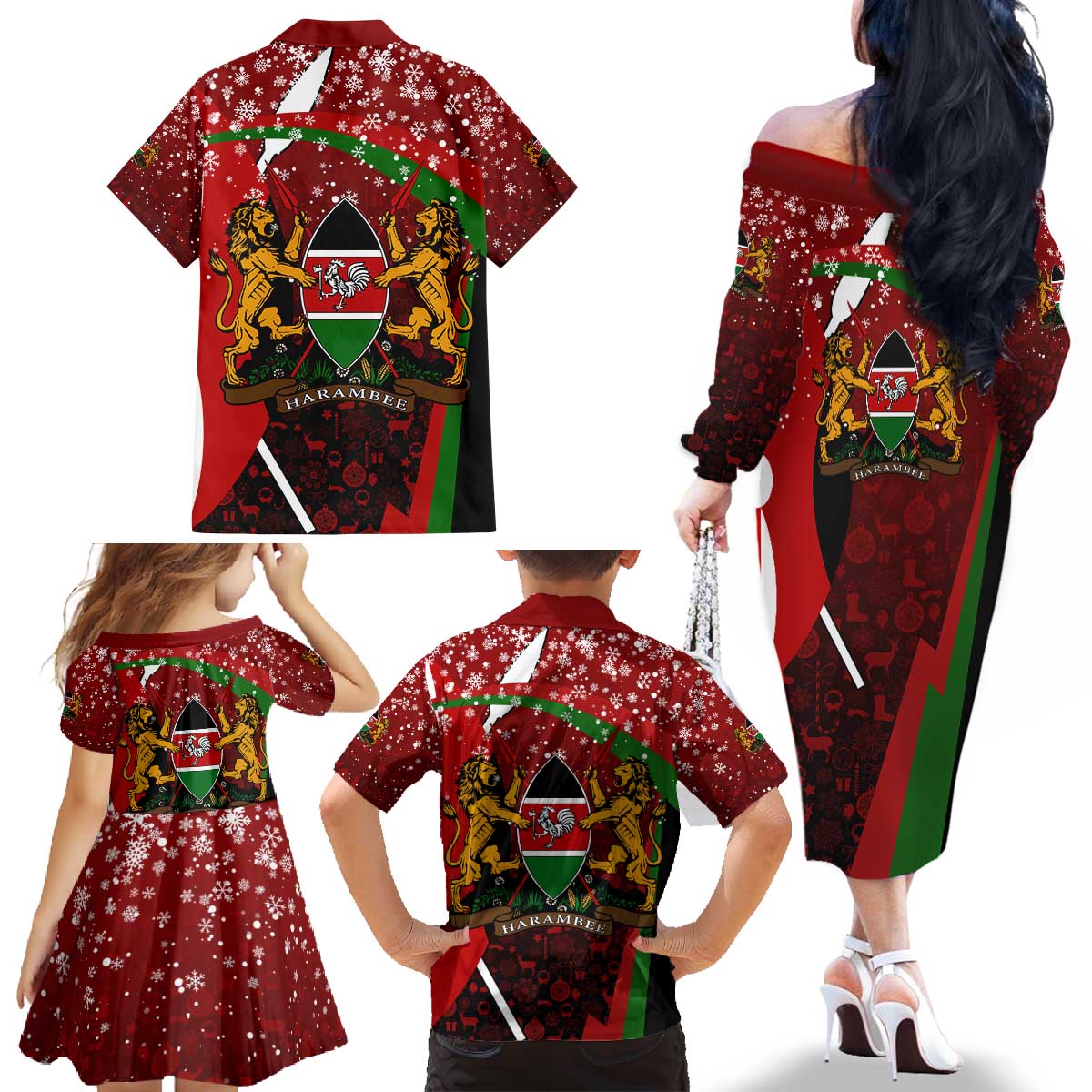 Kenya Christmas Family Matching Off The Shoulder Long Sleeve Dress and Hawaiian Shirt with Santa Claus Spear and Red Green Harambee Crest - Wonder Print Shop