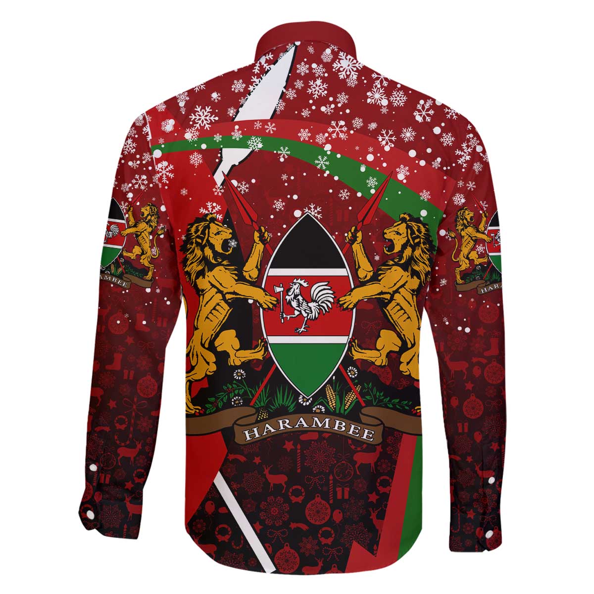 Kenya Christmas Family Matching Off The Shoulder Long Sleeve Dress and Hawaiian Shirt with Santa Claus Spear and Red Green Harambee Crest - Wonder Print Shop