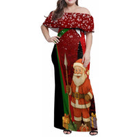 Kenya Christmas Family Matching Off Shoulder Maxi Dress and Hawaiian Shirt with Santa Claus Spear and Red Green Harambee Crest - Wonder Print Shop