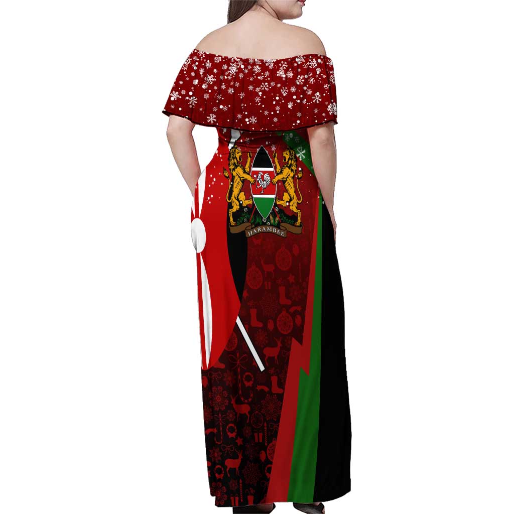 Kenya Christmas Family Matching Off Shoulder Maxi Dress and Hawaiian Shirt with Santa Claus Spear and Red Green Harambee Crest - Wonder Print Shop