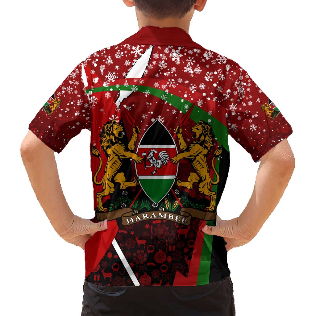 Kenya Christmas Family Matching Off Shoulder Short Dress and Hawaiian Shirt with Santa Claus Spear and Red Green Harambee Crest - Wonder Print Shop