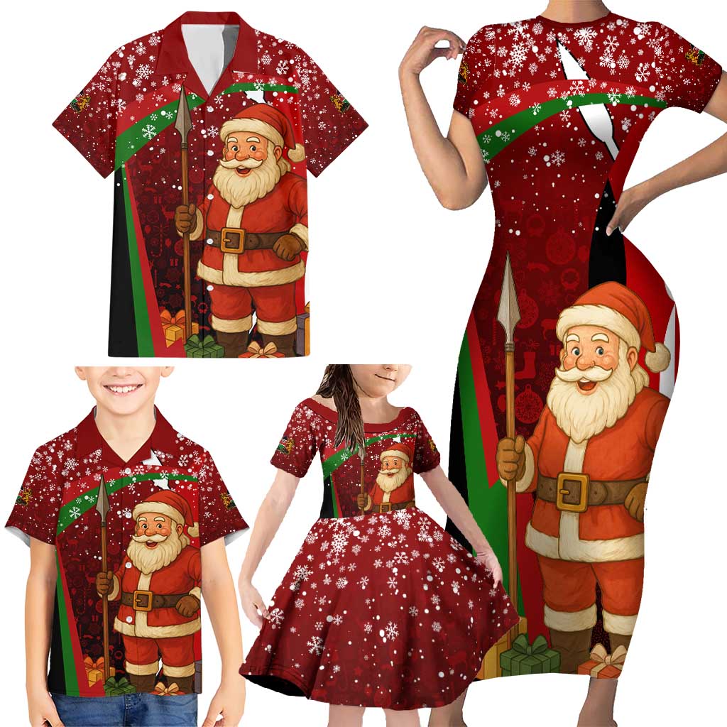 Kenya Christmas Family Matching Short Sleeve Bodycon Dress and Hawaiian Shirt with Santa Claus Spear and Red Green Harambee Crest - Wonder Print Shop