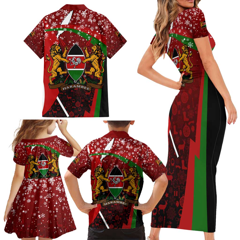 Kenya Christmas Family Matching Short Sleeve Bodycon Dress and Hawaiian Shirt with Santa Claus Spear and Red Green Harambee Crest - Wonder Print Shop