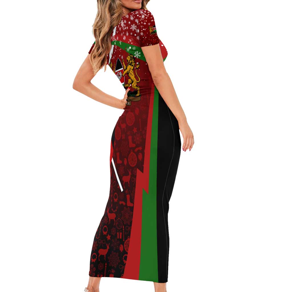 Kenya Christmas Family Matching Short Sleeve Bodycon Dress and Hawaiian Shirt with Santa Claus Spear and Red Green Harambee Crest - Wonder Print Shop