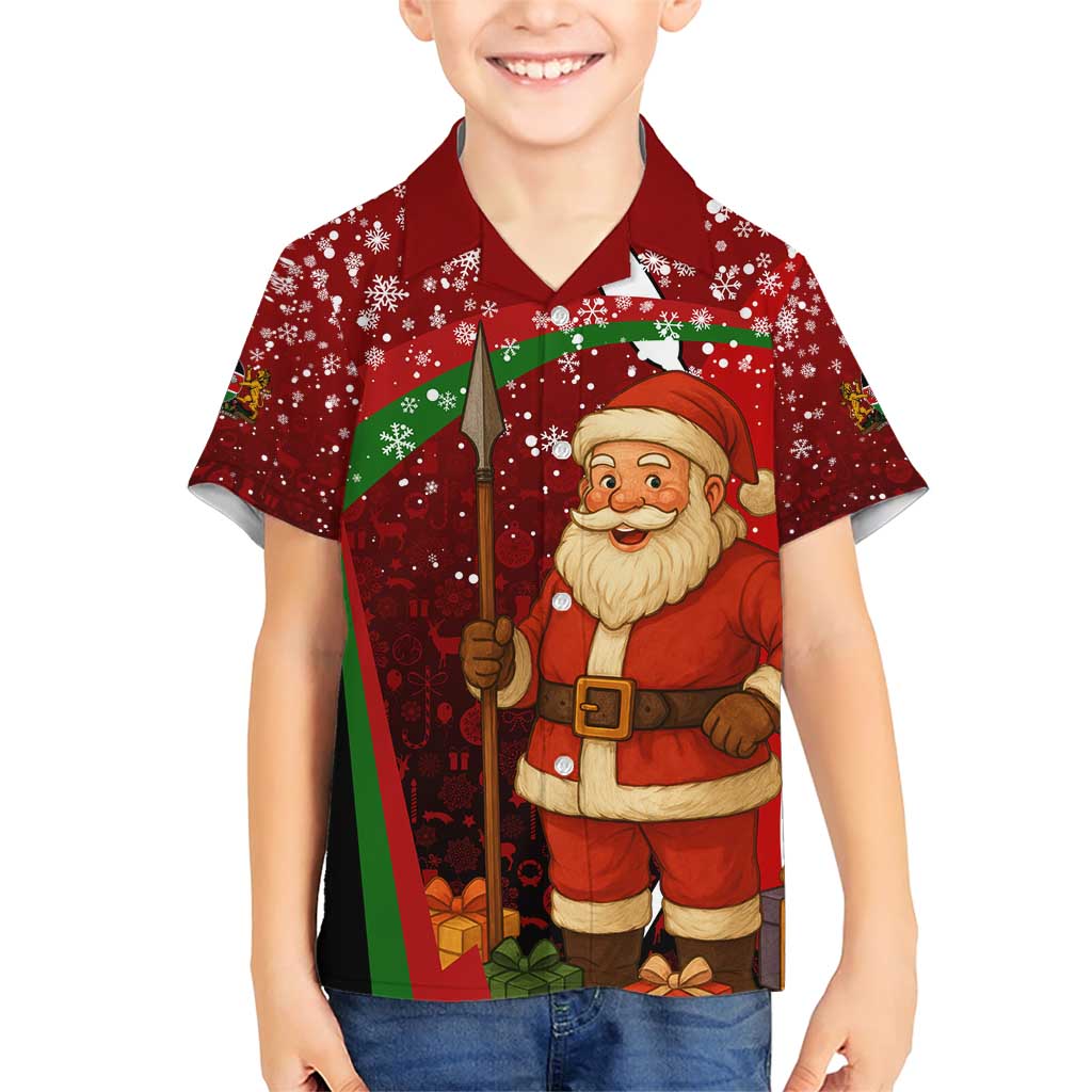 Kenya Christmas Family Matching Short Sleeve Bodycon Dress and Hawaiian Shirt with Santa Claus Spear and Red Green Harambee Crest - Wonder Print Shop