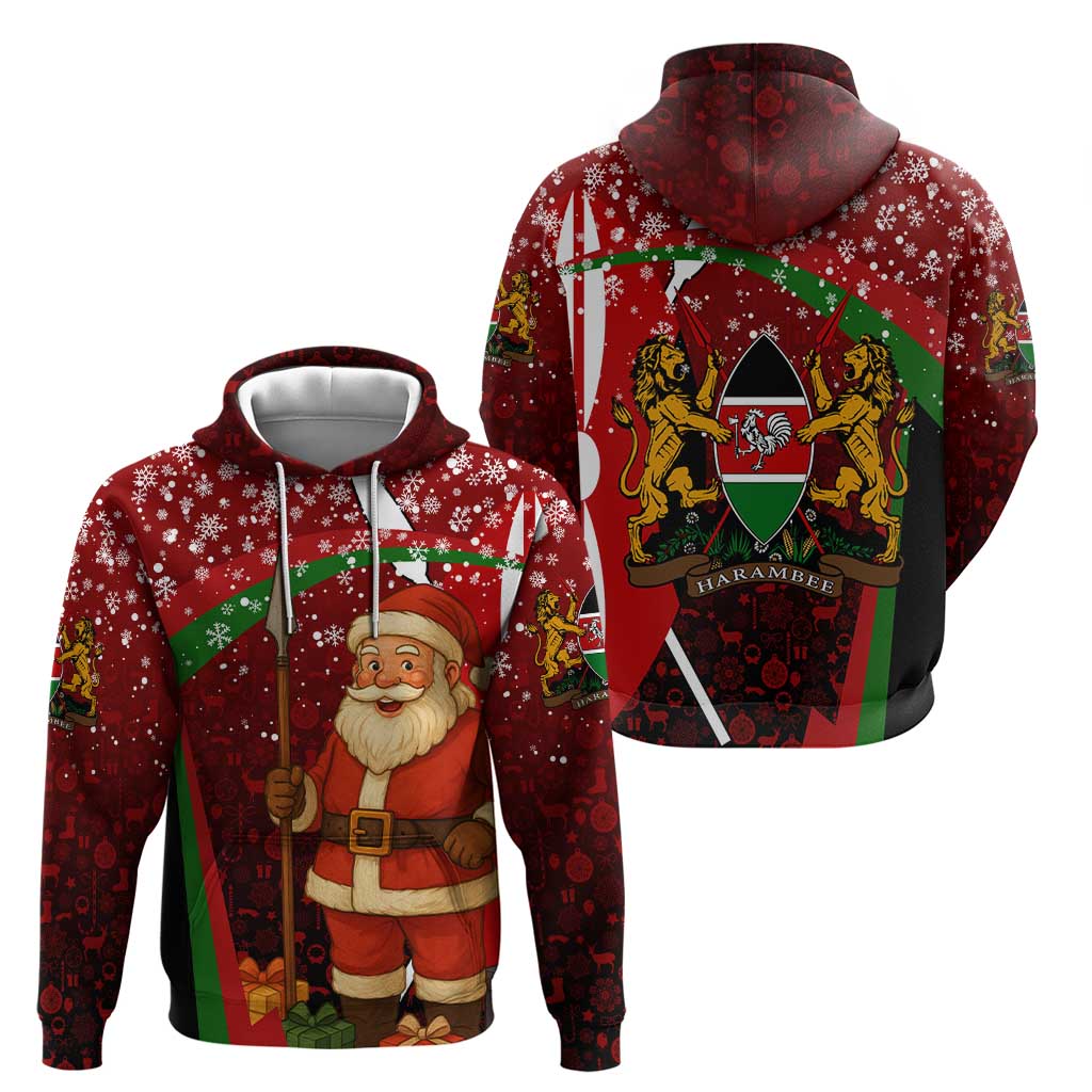Kenya Christmas Hoodie with Santa Claus Spear and Red Green Harambee Crest - Wonder Print Shop