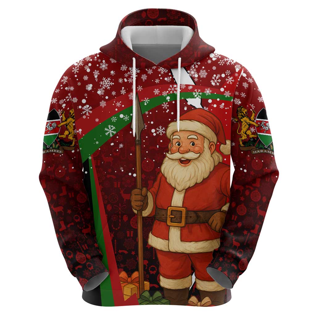 Kenya Christmas Hoodie with Santa Claus Spear and Red Green Harambee Crest - Wonder Print Shop