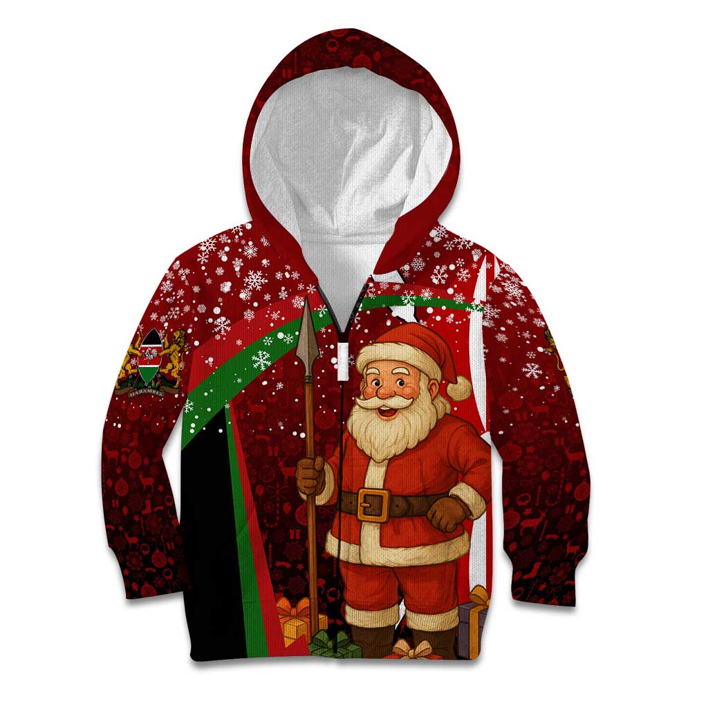 Kenya Christmas Kid Hoodie with Santa Claus Spear and Red Green Harambee Crest - Wonder Print Shop