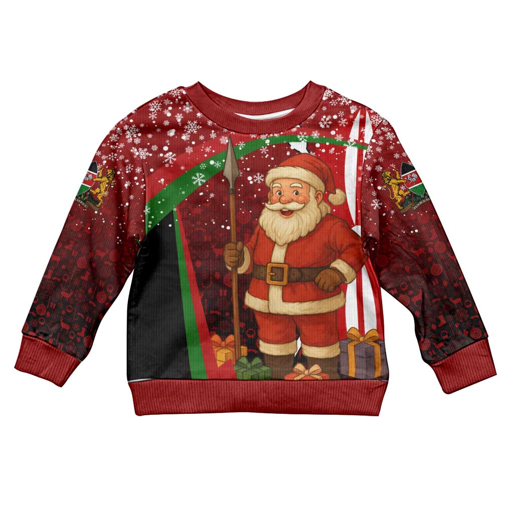 Kenya Christmas Kid Ugly Christmas Sweater with Santa Claus Spear and Red Green Harambee Crest - Wonder Print Shop