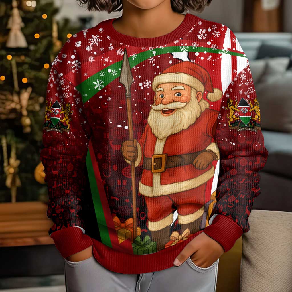 Kenya Christmas Kid Ugly Christmas Sweater with Santa Claus Spear and Red Green Harambee Crest - Wonder Print Shop