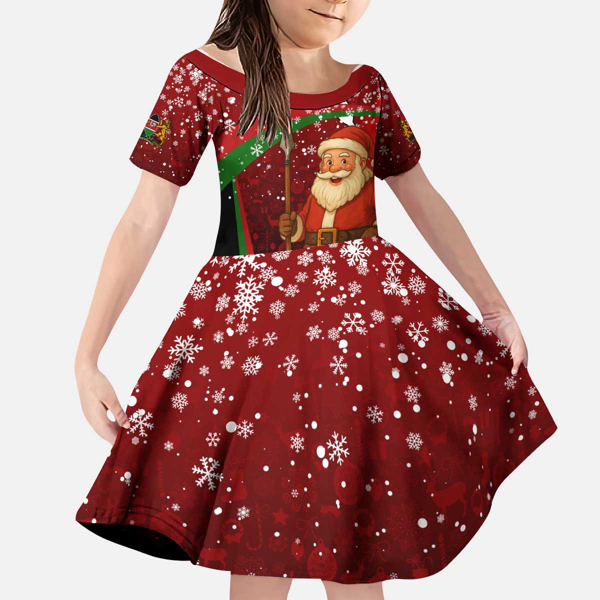 Kenya Christmas Kid Short Sleeve Dress with Santa Claus Spear and Red Green Harambee Crest - Wonder Print Shop