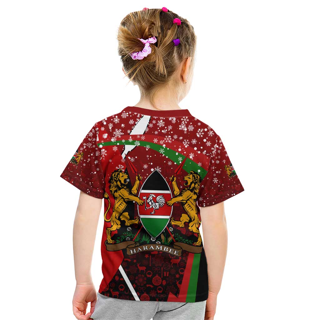 Kenya Christmas Kid T Shirt with Santa Claus Spear and Red Green Harambee Crest - Wonder Print Shop