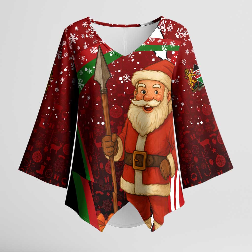 Kenya Christmas Kimono Sleeve Blouse with Santa Claus Spear and Red Green Harambee Crest - Wonder Print Shop