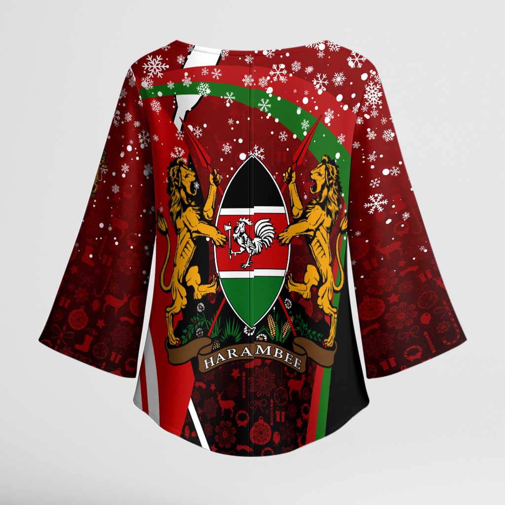 Kenya Christmas Kimono Sleeve Blouse with Santa Claus Spear and Red Green Harambee Crest - Wonder Print Shop
