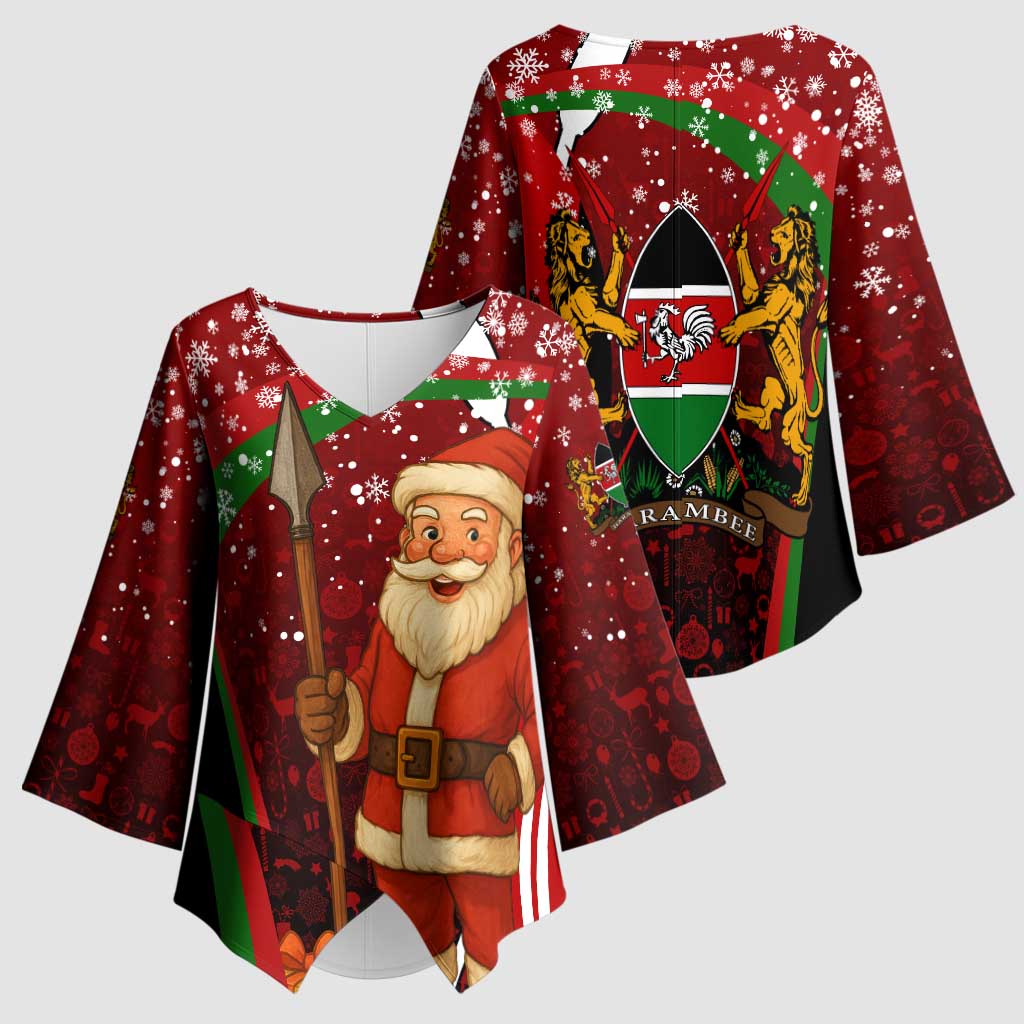Kenya Christmas Kimono Sleeve Blouse with Santa Claus Spear and Red Green Harambee Crest - Wonder Print Shop