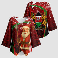 Kenya Christmas Kimono Sleeve Blouse with Santa Claus Spear and Red Green Harambee Crest - Wonder Print Shop