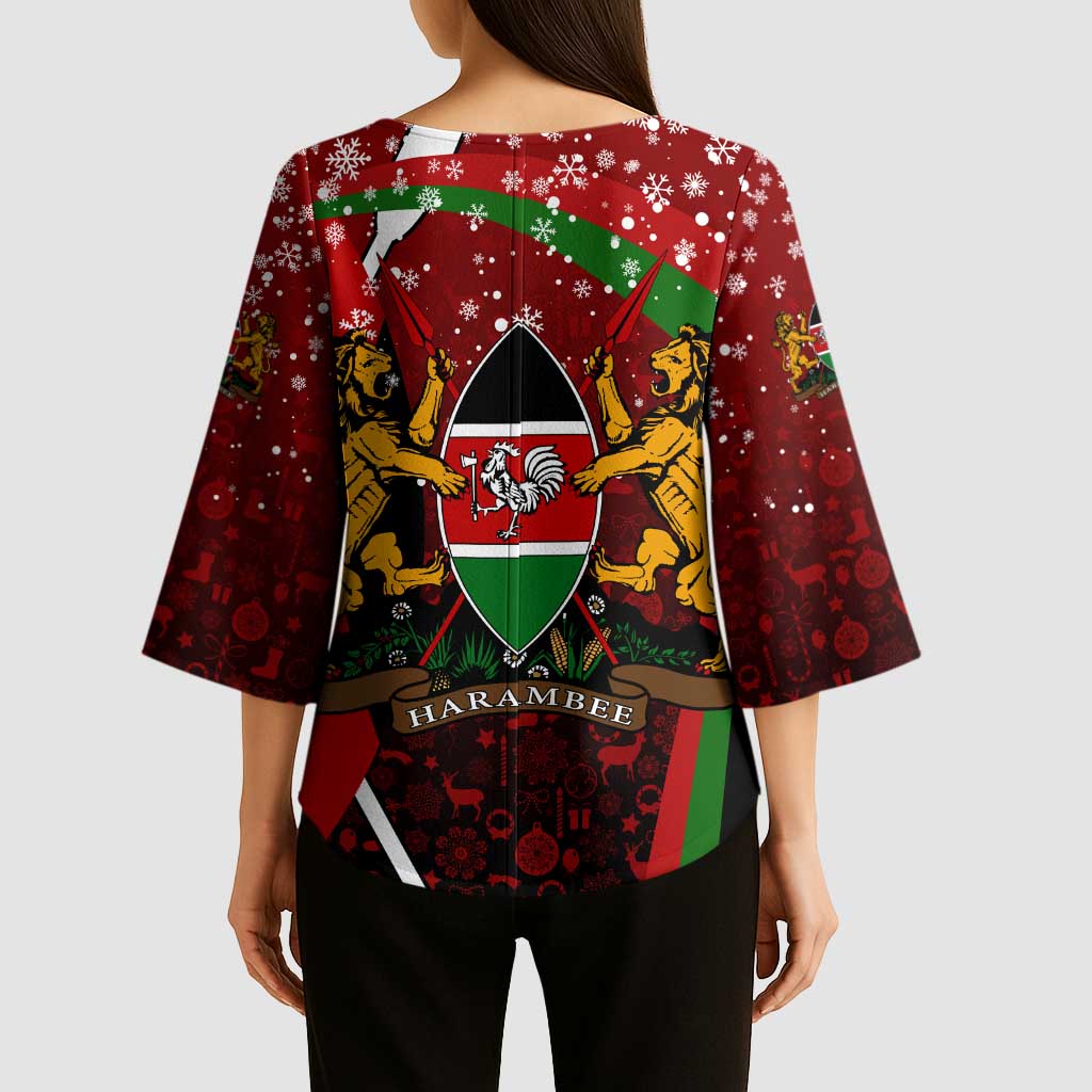 Kenya Christmas Kimono Sleeve Blouse with Santa Claus Spear and Red Green Harambee Crest - Wonder Print Shop