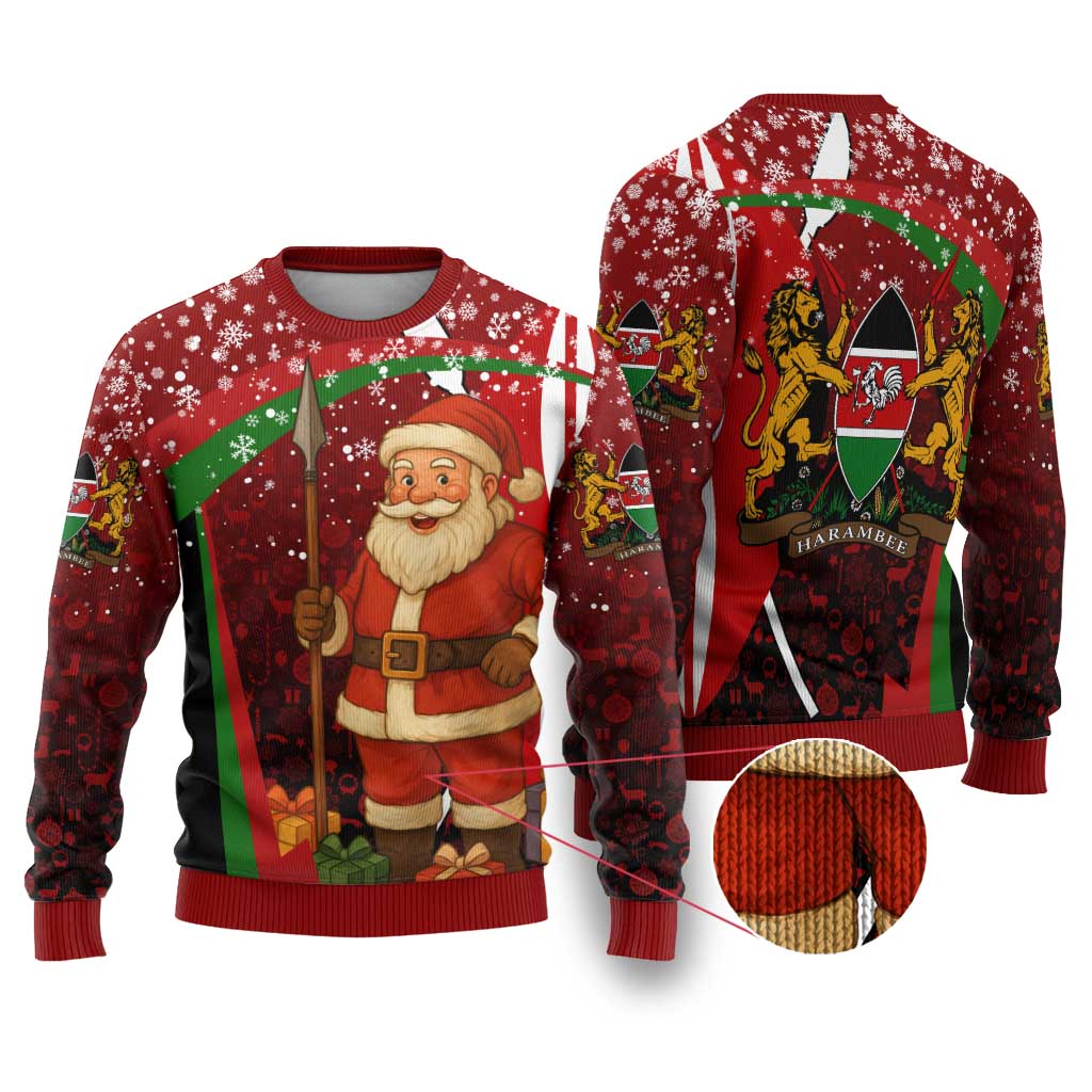 Kenya Christmas Ugly Christmas Sweater with Santa Claus Spear and Red Green Harambee Crest - Wonder Print Shop