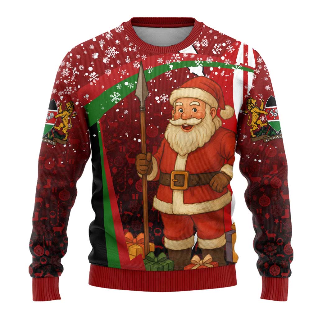 Kenya Christmas Ugly Christmas Sweater with Santa Claus Spear and Red Green Harambee Crest - Wonder Print Shop