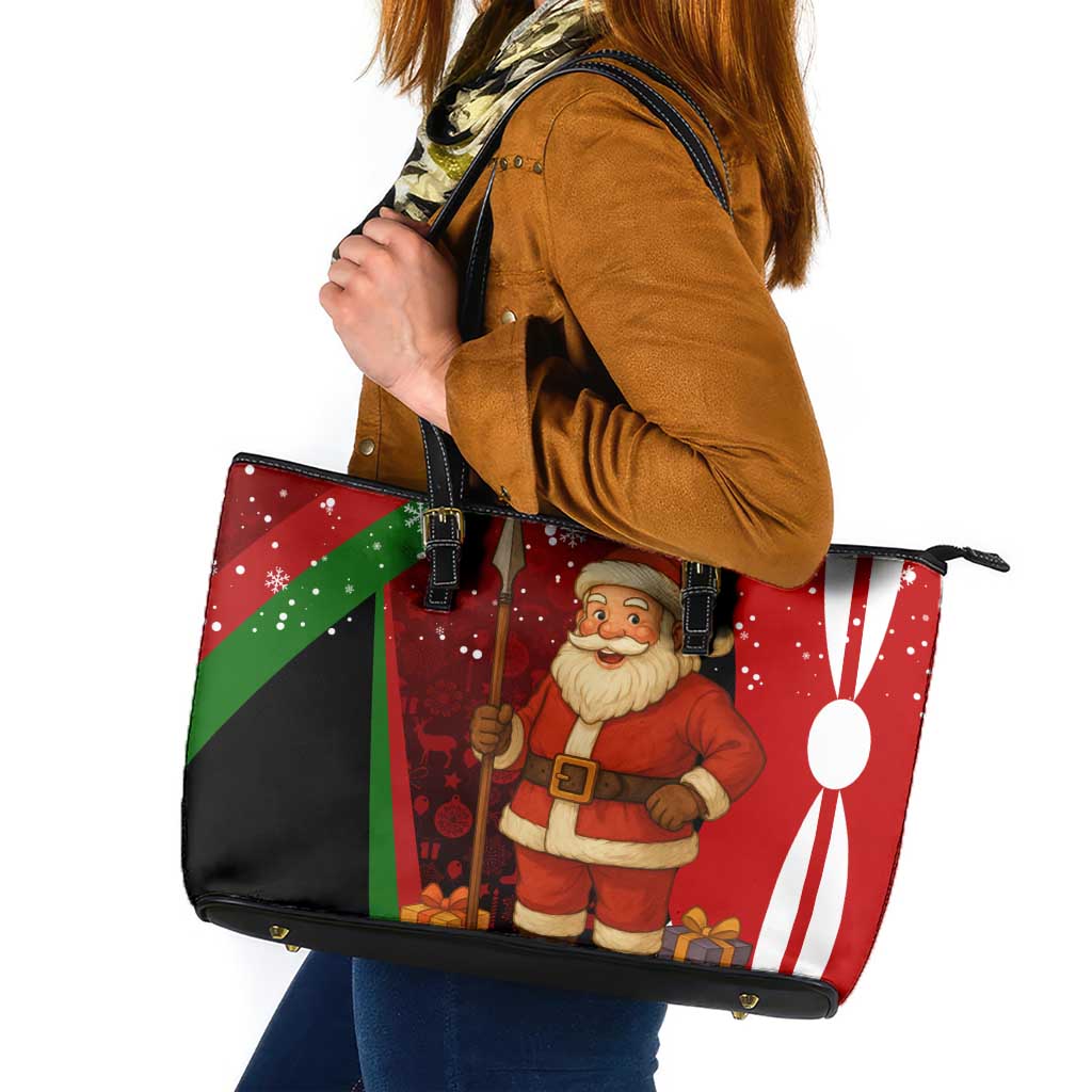 Kenya Christmas Leather Tote Bag with Santa Claus Spear and Red Green Harambee Crest - Wonder Print Shop