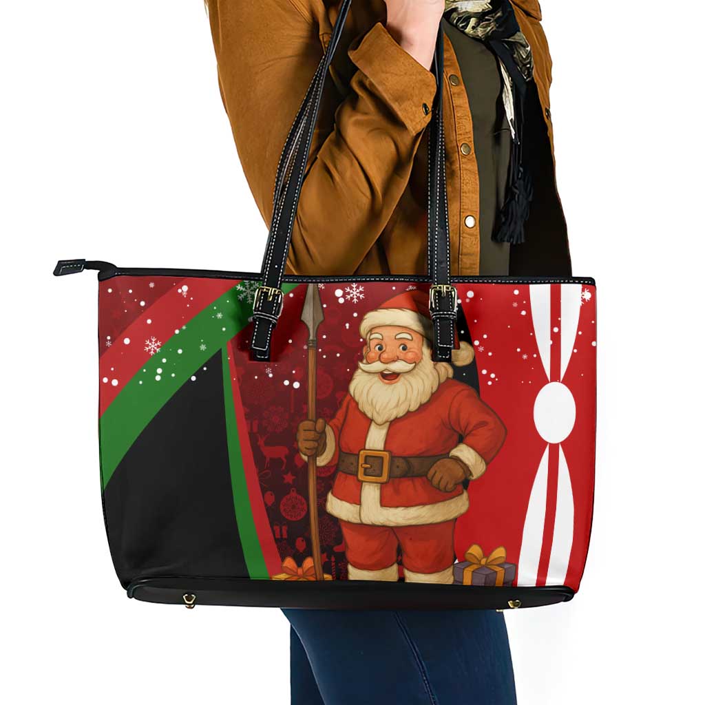 Kenya Christmas Leather Tote Bag with Santa Claus Spear and Red Green Harambee Crest - Wonder Print Shop