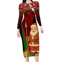 Kenya Christmas Long Sleeve Bodycon Dress with Santa Claus Spear and Red Green Harambee Crest - Wonder Print Shop
