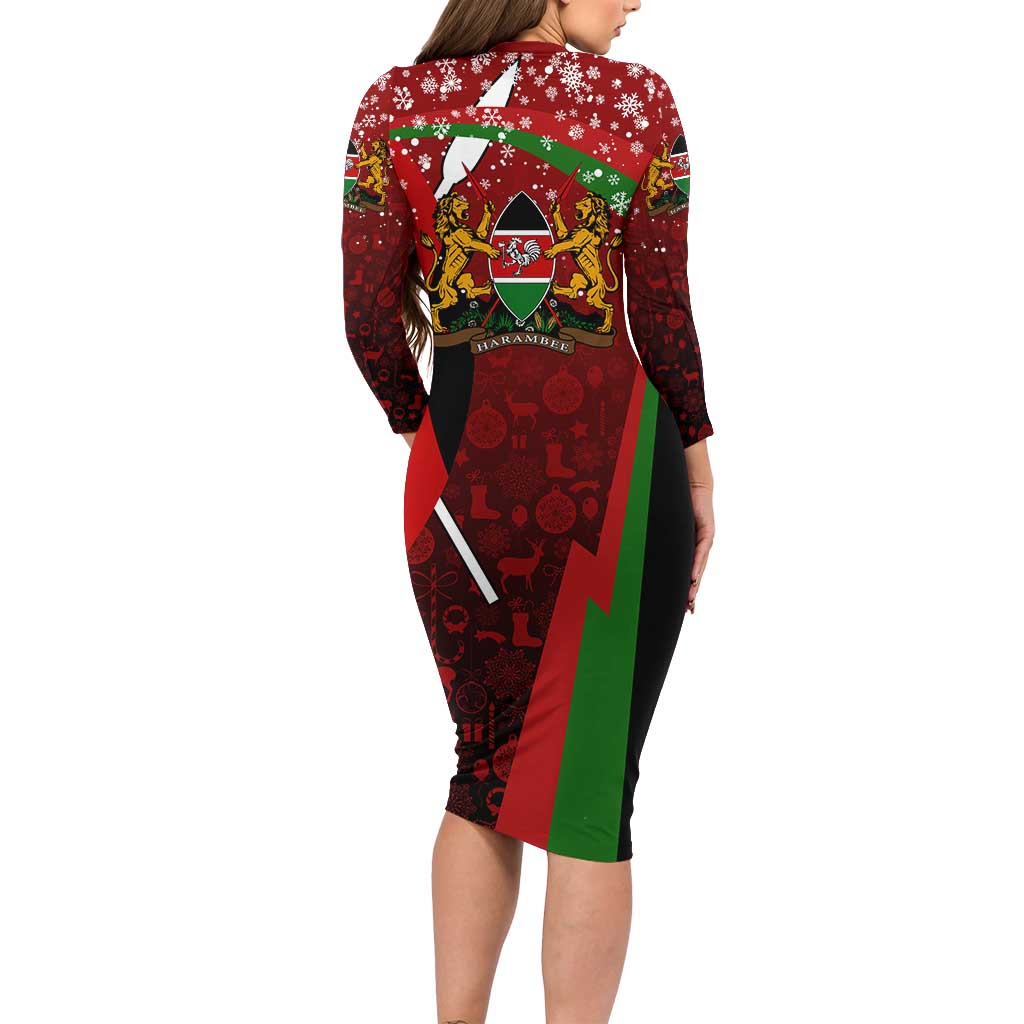 Kenya Christmas Long Sleeve Bodycon Dress with Santa Claus Spear and Red Green Harambee Crest - Wonder Print Shop