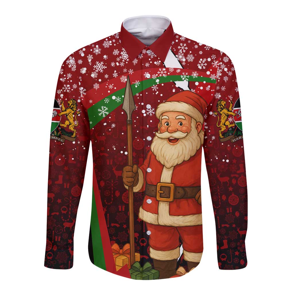 Kenya Christmas Long Sleeve Button Shirt with Santa Claus Spear and Red Green Harambee Crest - Wonder Print Shop