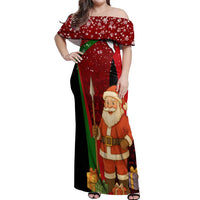 Kenya Christmas Off Shoulder Maxi Dress with Santa Claus Spear and Red Green Harambee Crest - Wonder Print Shop