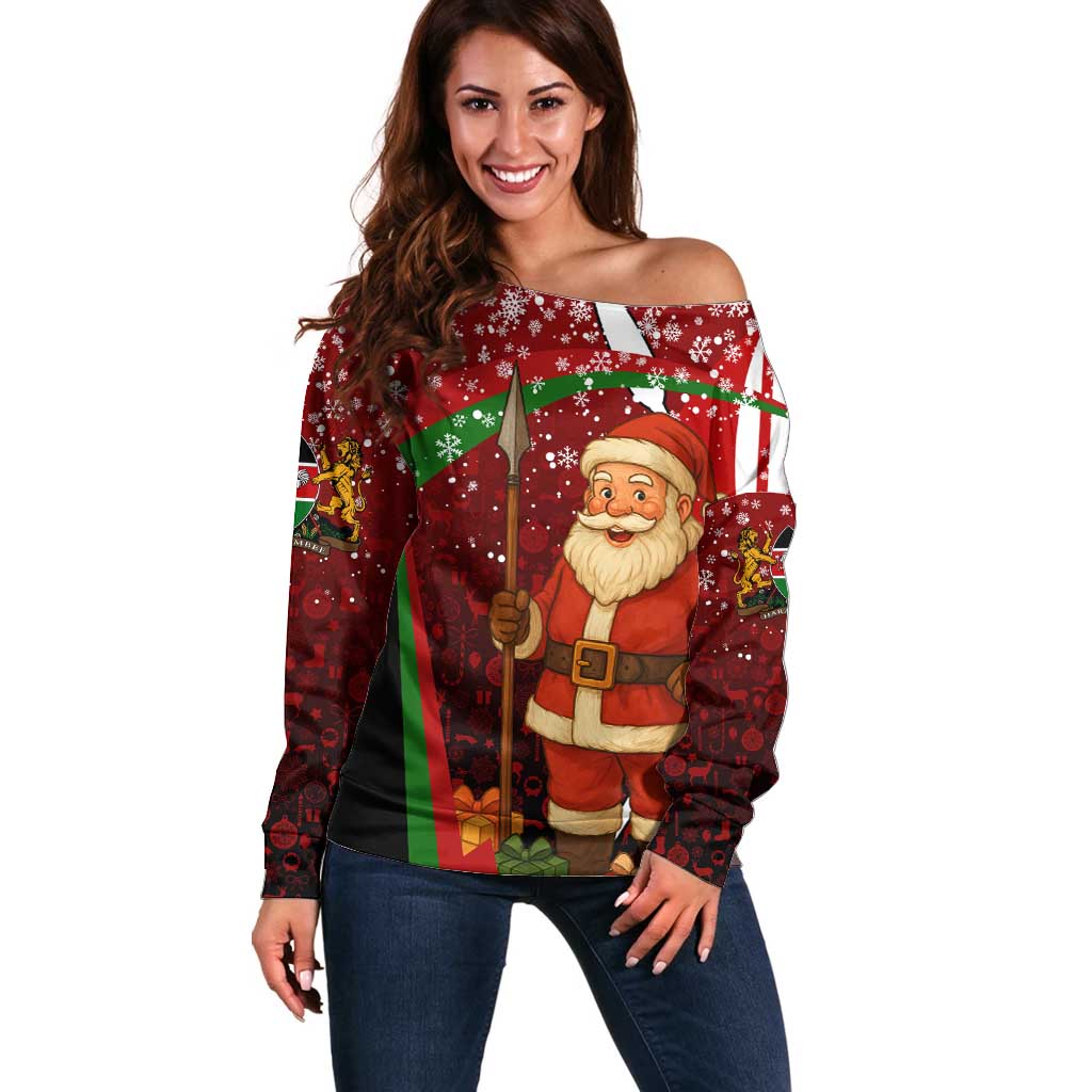 Kenya Christmas Off Shoulder Sweater with Santa Claus Spear and Red Green Harambee Crest - Wonder Print Shop