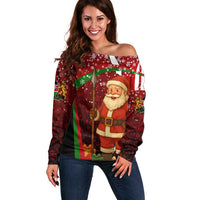 Kenya Christmas Off Shoulder Sweater with Santa Claus Spear and Red Green Harambee Crest - Wonder Print Shop