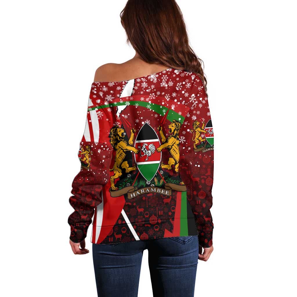 Kenya Christmas Off Shoulder Sweater with Santa Claus Spear and Red Green Harambee Crest - Wonder Print Shop