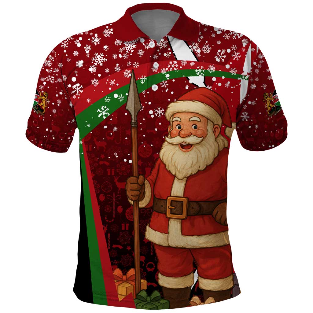 Kenya Christmas Polo Shirt with Santa Claus Spear and Red Green Harambee Crest - Wonder Print Shop