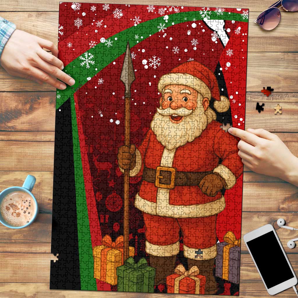 Kenya Christmas Puzzle with Santa Claus Spear and Red Green Harambee Crest - Wonder Print Shop
